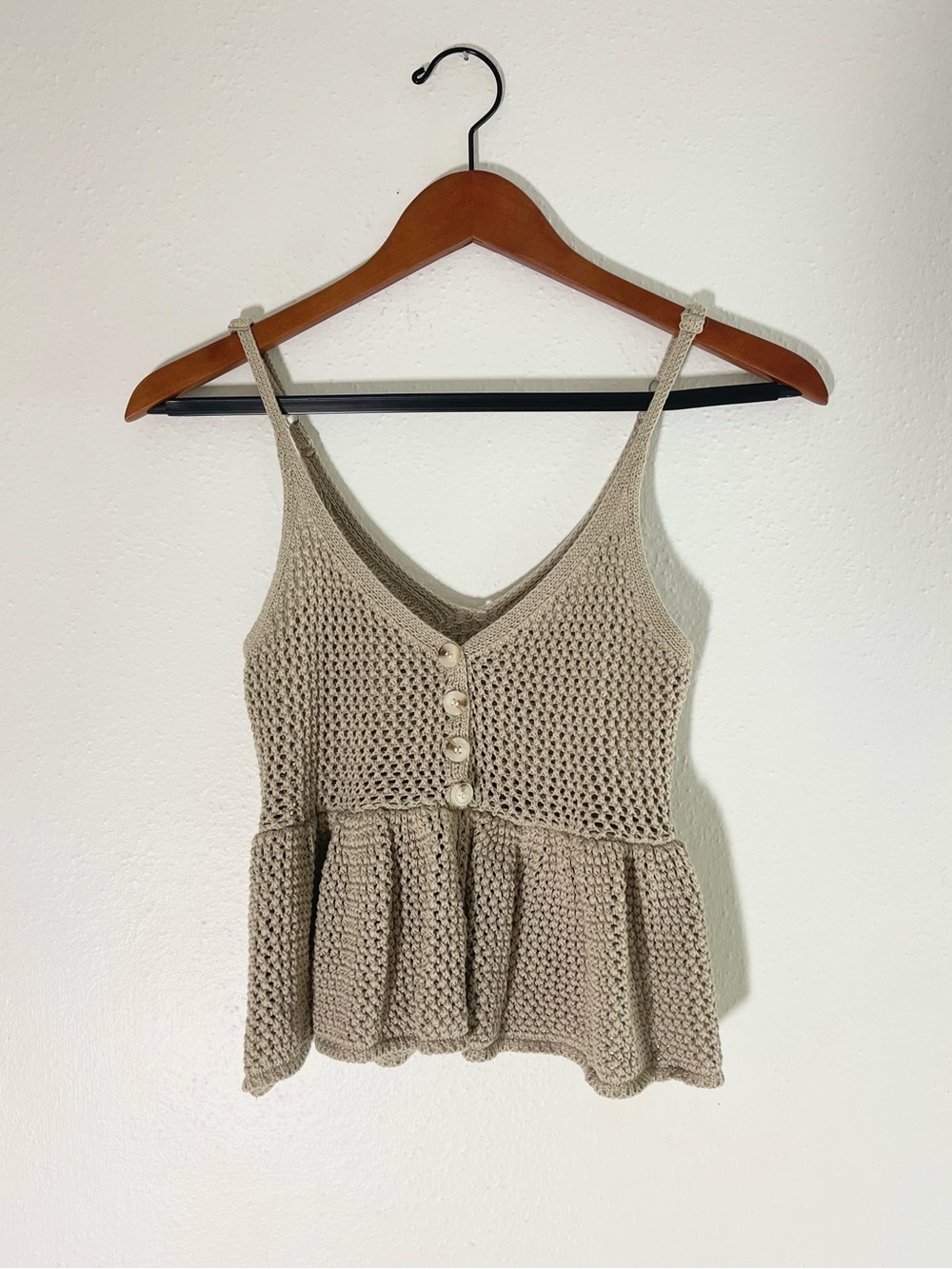 Crochet Knit Peplum Camisole BabydollTank Top in Beige